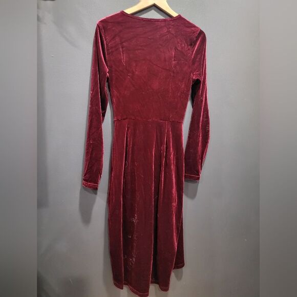 Velvet Velour Ruched Wrap Dress Mahogany Burgundy Sz L Huhot Long Sleeve - Picture 2 of 5